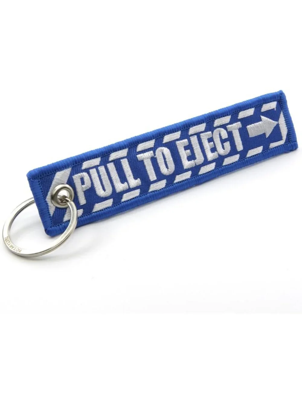 Blue Jet Tag Keychain - PULL TO EJECT Design with White Embroidery - Unique Gift